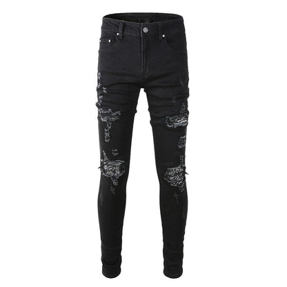 High Street Ripped Patch Jeans Slim Fit Jeans