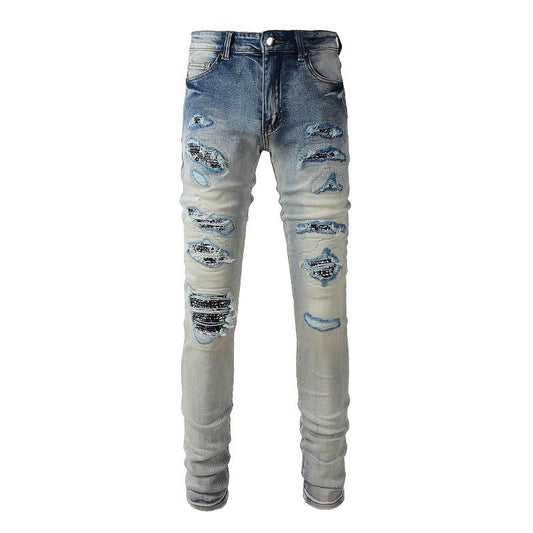 Multi hole Patch Jeans Pleated Slim fitting Small footed Jeans Men #677