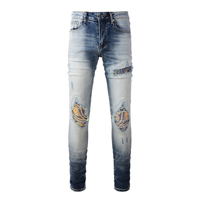 New Retro Jeans Men's Ripped Patch Beggar Slim Jeans #1330