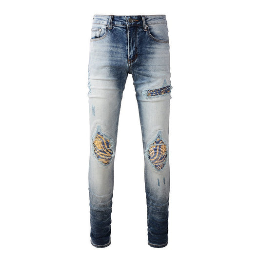 New Retro Jeans Men's Ripped Patch Beggar Slim Jeans #1330