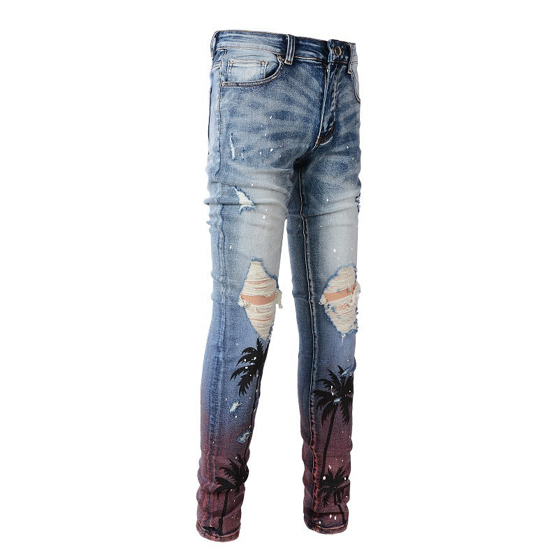 6597 Digital Printing Coconut Tree Pattern Spray Paint Ripped Jeans Elastic and Slim