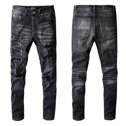 Vaqueros negros ajustados para hombre 698 con cómodos detalles elásticos y de patchwork