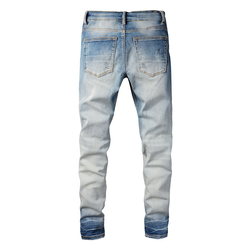 Street Print Letter Ripped Denim Casual Slim fitting Small footed Jeans #831