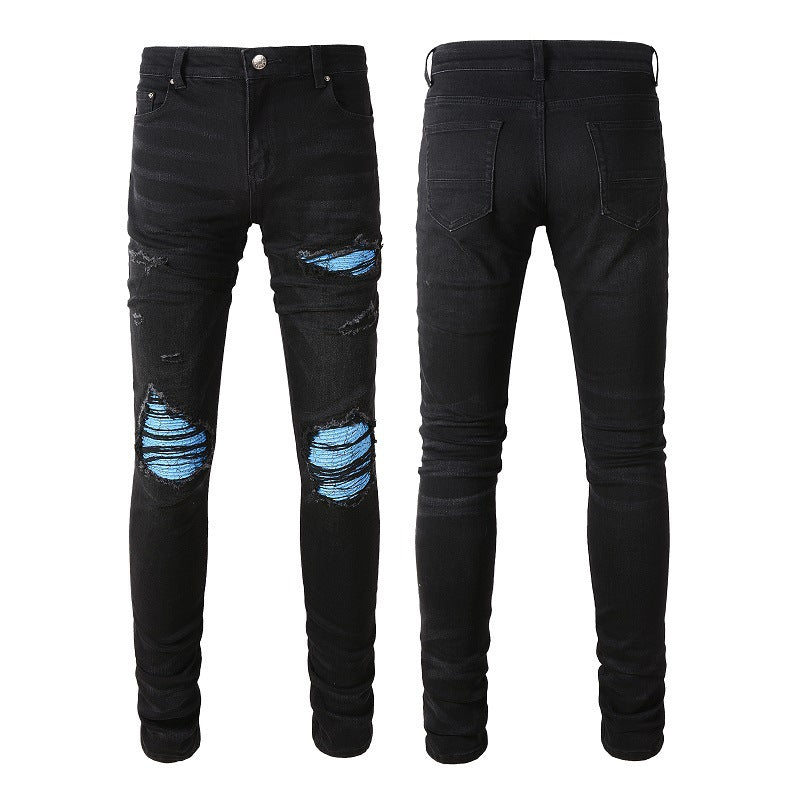 Jean slim bleu pour homme avec motif patchwork et froissé pour un style urbain 8870