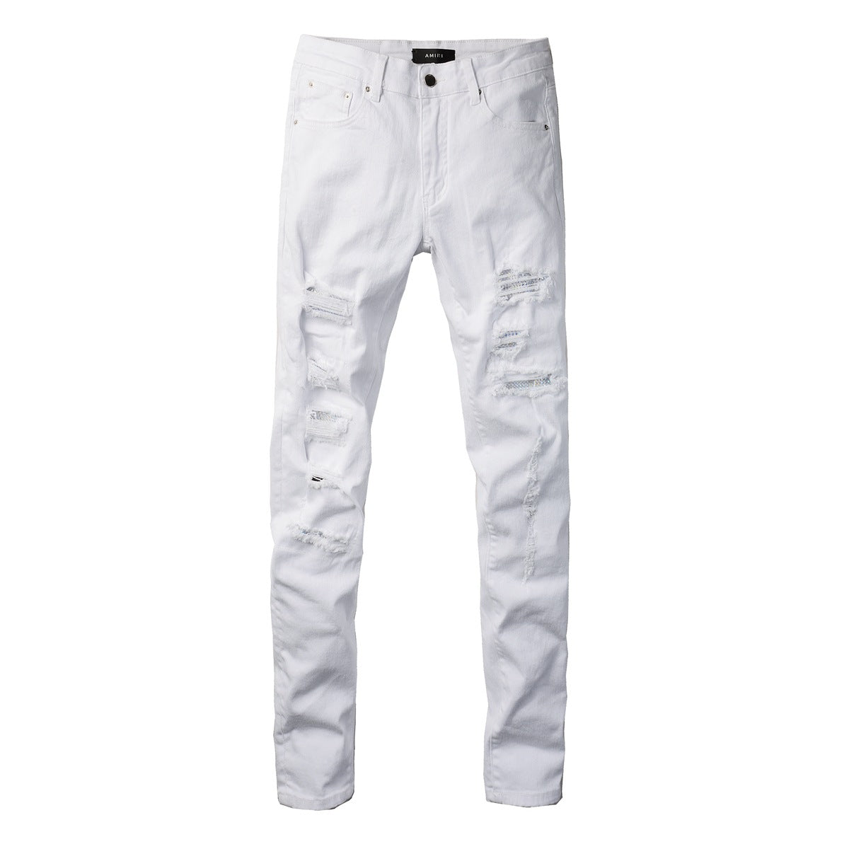Pantalon skinny pour homme en patchwork déchiré de style pop, blanc, jean AM897C 