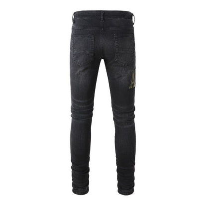 Pantalon en jean slim avec broderie de lettres et patch déchiré dans la rue #872 
