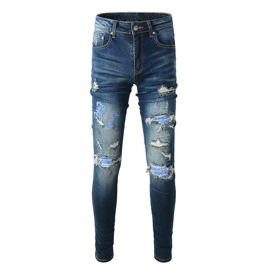Street Ripped Patch Jeans High Street Embroidery Letters Slim Feet #838