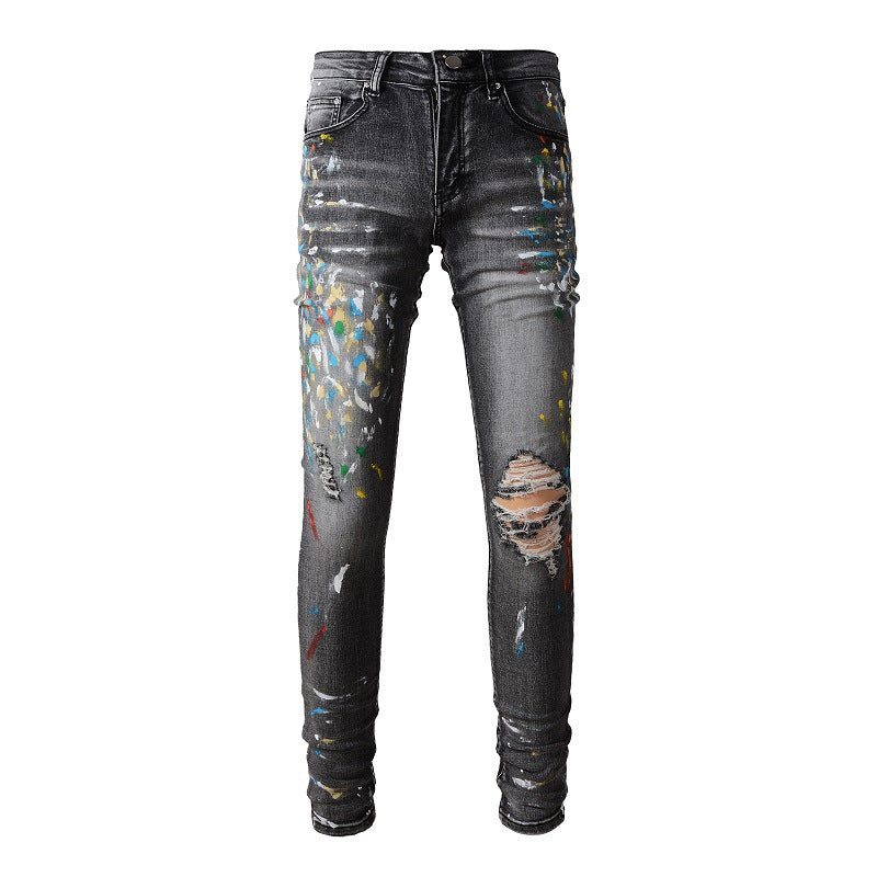 Jeans Graffiti Splashing Ink Pattern Ripped Jeans Elastic Slim Denim #1303