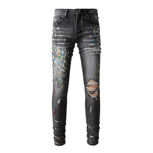 Jeans Graffiti Splashing Ink Pattern Ripped Jeans Elastic Slim Denim #1303
