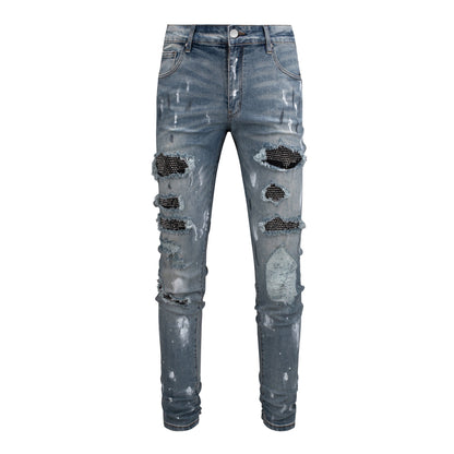 Vaqueros negros de corte ajustado para hombre con diseño de pintura y efecto desgastado de patchwork 6626