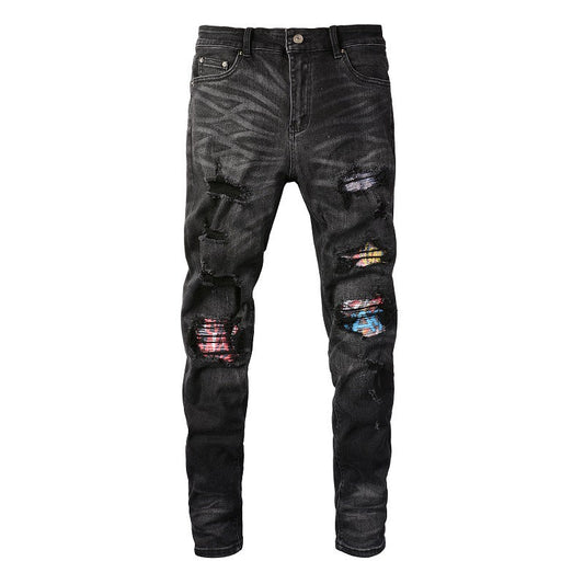 8638 High Elastic Hole Patch Men's Jeans Elastic Strip Sticker Slim Fit and Thin Feet Jeans