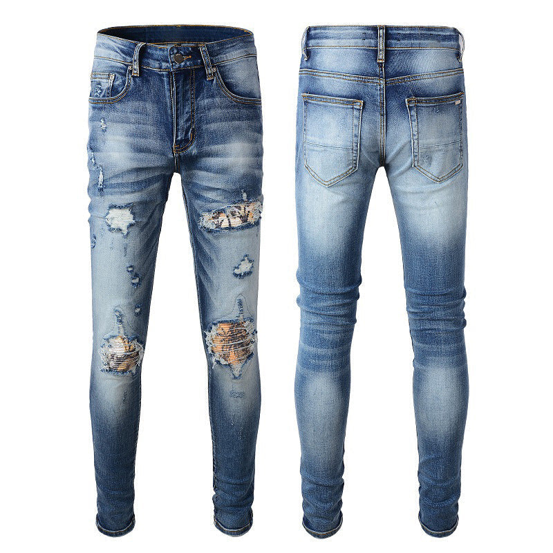 Street Cracked Patch Jeans High Street Slim fit Small Foot Jeans