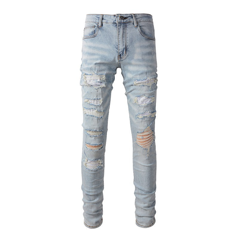 Jeans Retro Jeans Diamond encrusted Men's Jeans Elastic and Slim #808