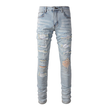 Jeans Retro Jeans Diamond encrusted Men's Jeans Elastic and Slim #808