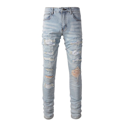 Jeans Retro Jeans Diamond encrusted Men's Jeans Elastic and Slim #808
