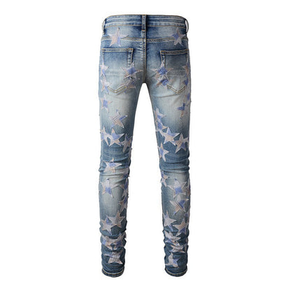 Ripped High Street Sticker Star Jeans High Craftsmanship Elastic Slim Fit #874