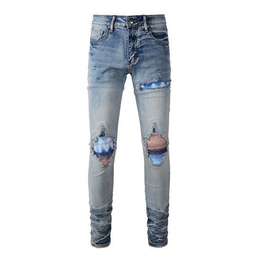 Personalized Printing Ripped Patch Jeans for Men, A Large size Jeans 1342