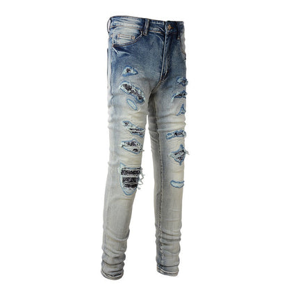 Multi hole Patch Jeans Pleated Slim fitting Small footed Jeans Men #677