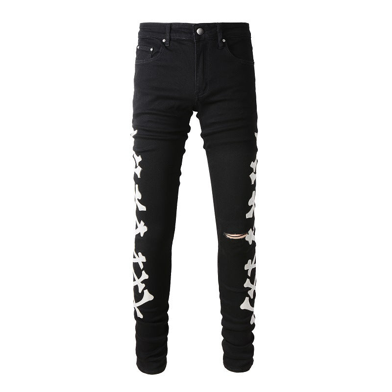 870 Jeans Ripped Bone Pattern Leather Elastic Blue Skinny Jeans