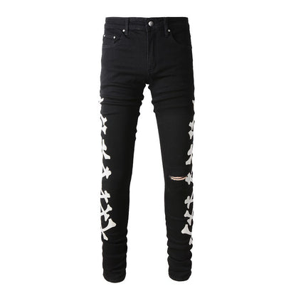 870 Jeans Ripped Bone Pattern Leather Elastic Blue Skinny Jeans