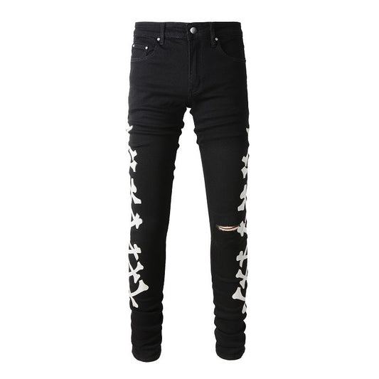 870 Jeans Ripped Bone Pattern Leather Elastic Blue Skinny Jeans