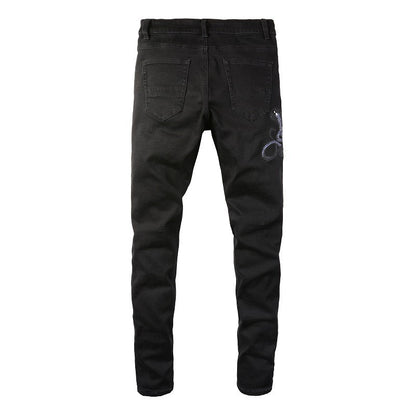 8560 Embroidered Cobra Ripped Patch Jeans Stretch Slim High Street Jeans