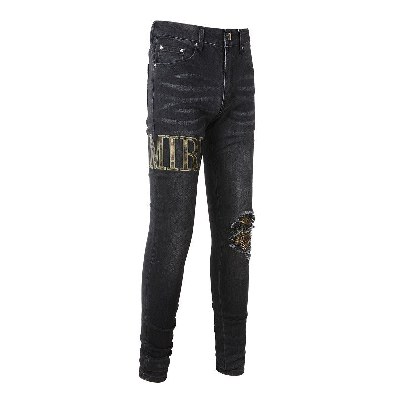 Pantalon en jean slim avec broderie de lettres et patch déchiré dans la rue #872 