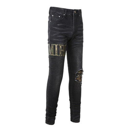 Pantalon en jean slim avec broderie de lettres et patch déchiré dans la rue #872 
