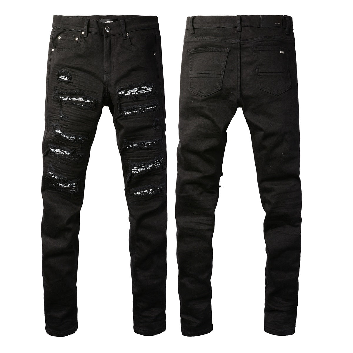 Jean slim stretch noir avec design polyvalent et empiècements en similicuir 8607