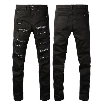 Jean slim stretch noir avec design polyvalent et empiècements en similicuir 8607