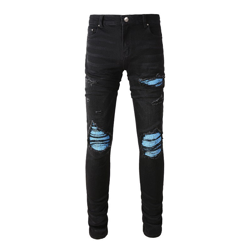 Jean slim bleu pour homme avec motif patchwork et froissé pour un style urbain 8870