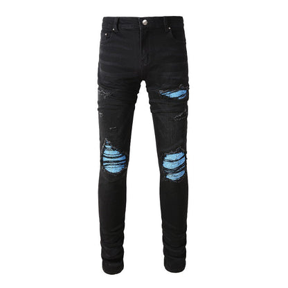 Jean slim bleu pour homme avec motif patchwork et froissé pour un style urbain 8870