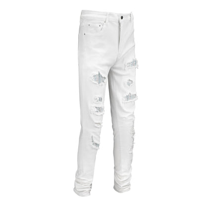 Vaqueros blancos ajustados para hombre con pedrería y parches para estilo urbano 625