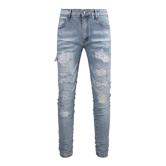 Men's Slim Fit White Jeans with Rhinestone Patches and Distressed Design 6808