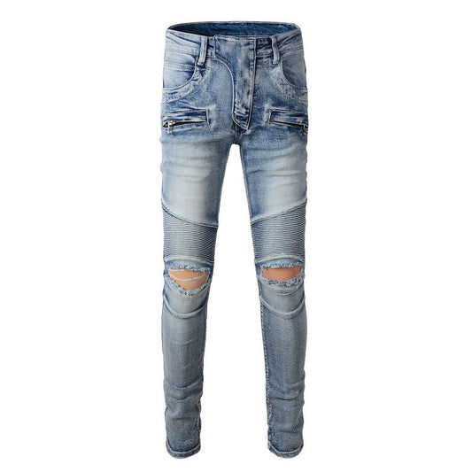 Locomotive Three dimensional Tailoring Retro Multi pocket Ripped Small Feet Slim fit Elastic Jeans #917