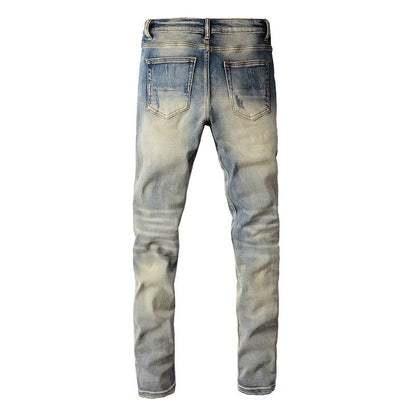 High Street Ripped Patch Jeans Men's Patch Elastic Slim Small Foot Jeans 876