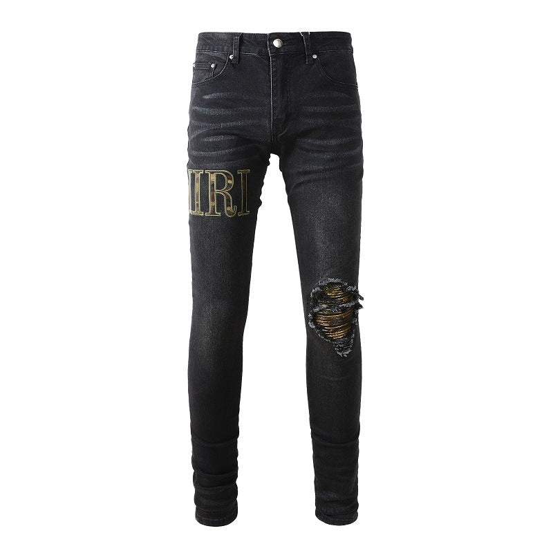 Pantalon en jean slim avec broderie de lettres et patch déchiré dans la rue #872 
