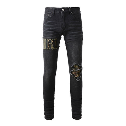 Pantalon en jean slim avec broderie de lettres et patch déchiré dans la rue #872 