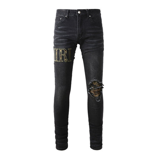 Street Ripped Patch Letter Embroidery High Street Slim Fit Pants Jeans #872