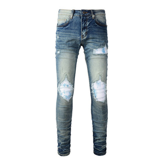 High Street Ripped Color Patch Jeans Retro Men's Stretch Slim Fit Jeans