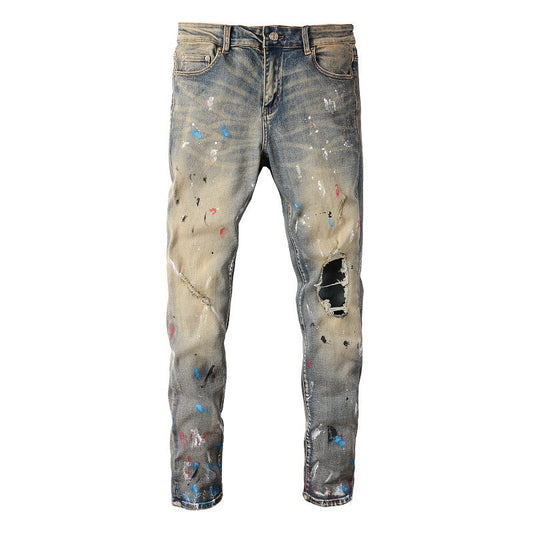 6556 High Street Ripped Patch Jeans Vintage Men's Elastic Slim High Street Denim