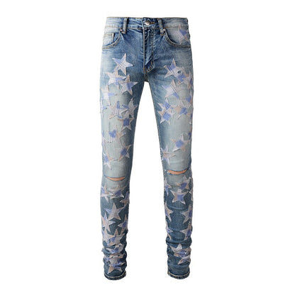 Ripped High Street Sticker Star Jeans High Craftsmanship Elastic Slim Fit #874