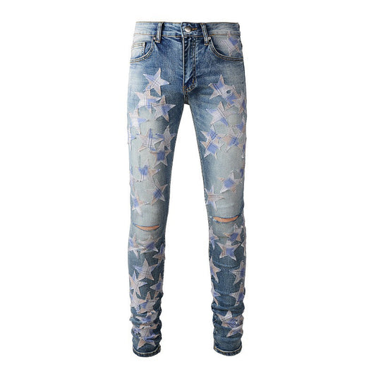 Ripped High Street Sticker Star Jeans High Craftsmanship Elastic Slim Fit #874