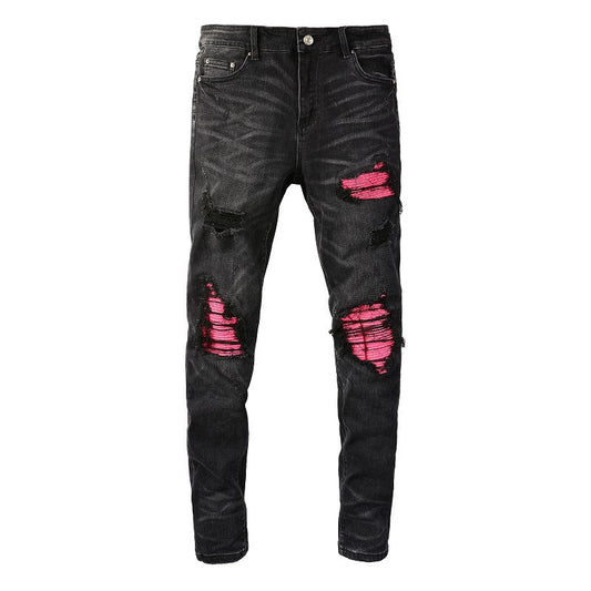 Retro Jeans Ripped Patch Men's Jeans Elastic, Slim and Thin 8806