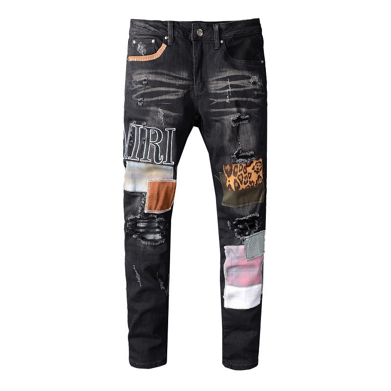 High Street Beggar Pants Hole Sticker Leopard Print Patch Slim Gradual Change Jeans Men #615