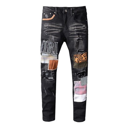 High Street Beggar Pants Hole Sticker Leopard Print Patch Slim Gradual Change Jeans Men #615