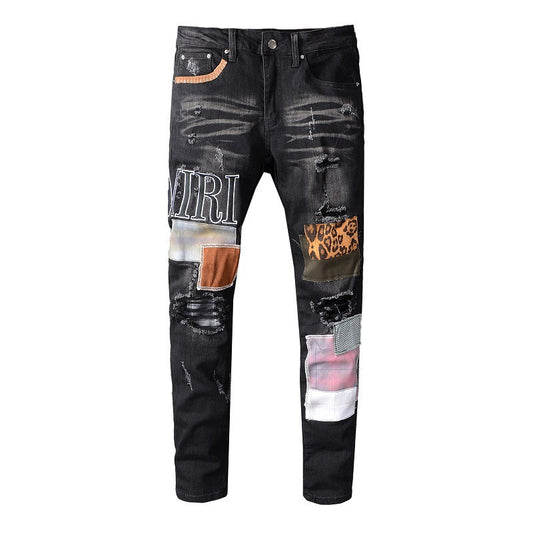 High Street Beggar Pants Hole Sticker Leopard Print Patch Slim Gradual Change Jeans Men #615