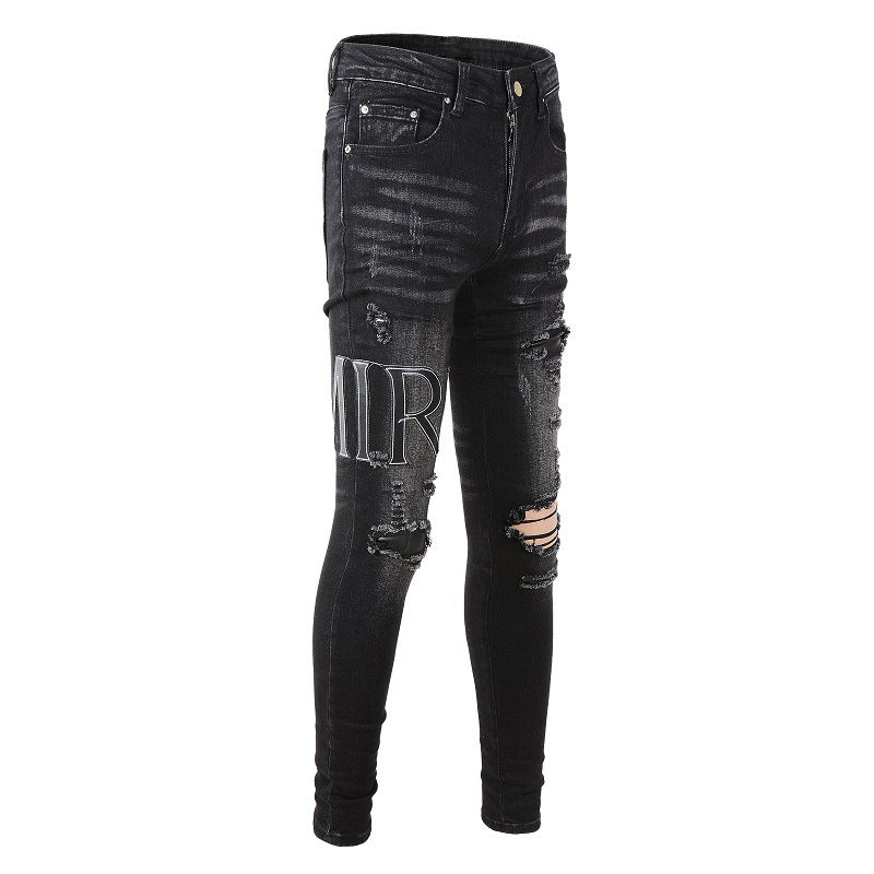 Street Ripped Letter Embroidery High Street Slim fit Pants Jeans 844