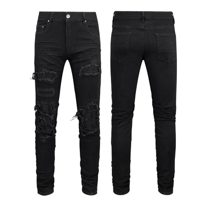 Vaqueros negros ajustados para hombre con parches, detalles arrugados y diseño roto 569