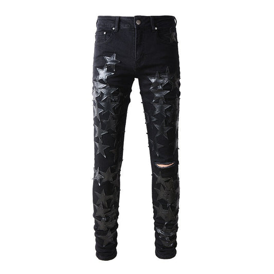 691 High Street Black Pentagram Jeans Young Men's Elastic Slim Small Foot Jeans